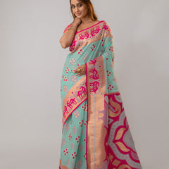 Patola Linen Blue Saree
