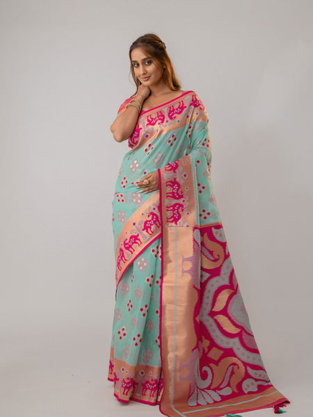 Patola Linen Blue Saree