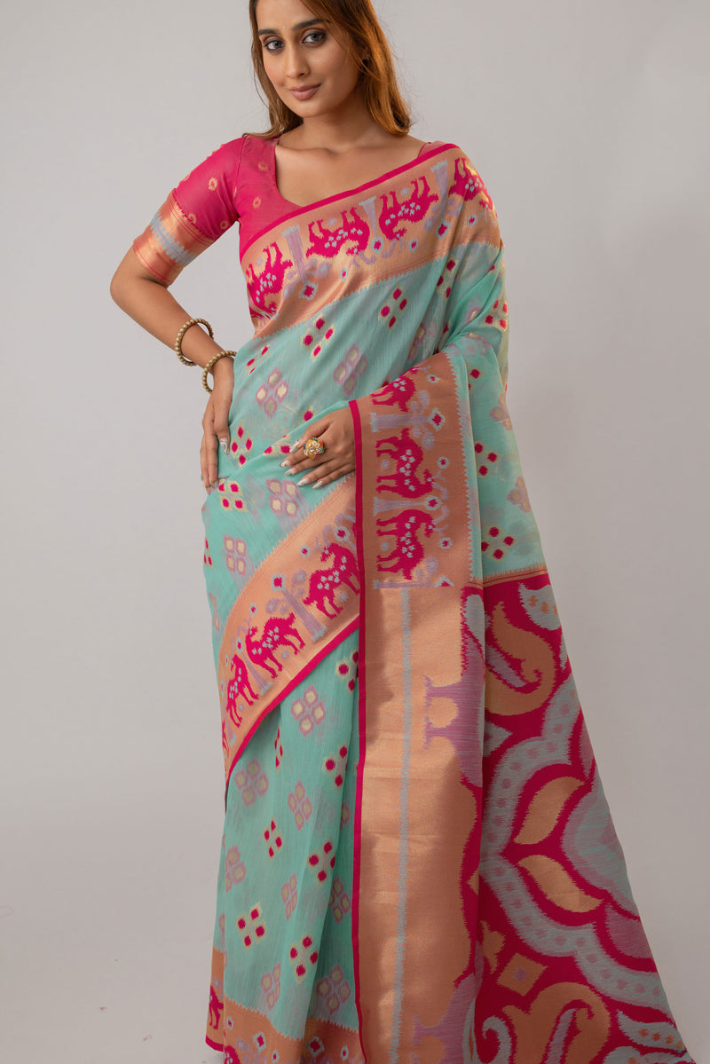 Patola Linen Blue Saree