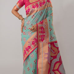 Patola Linen Blue Saree