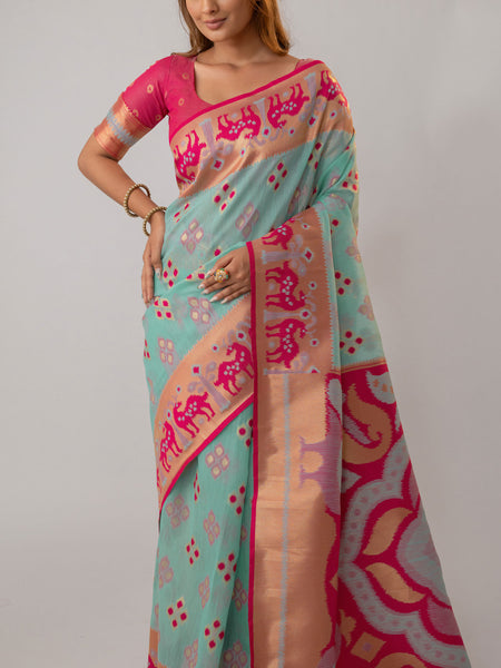 Patola Linen Blue Saree