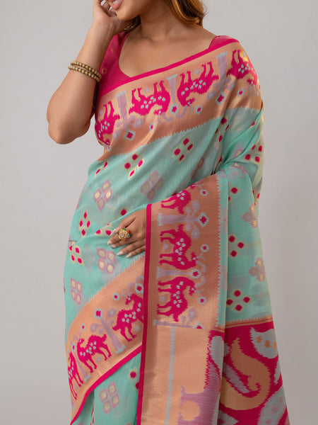 Patola Linen Blue Saree