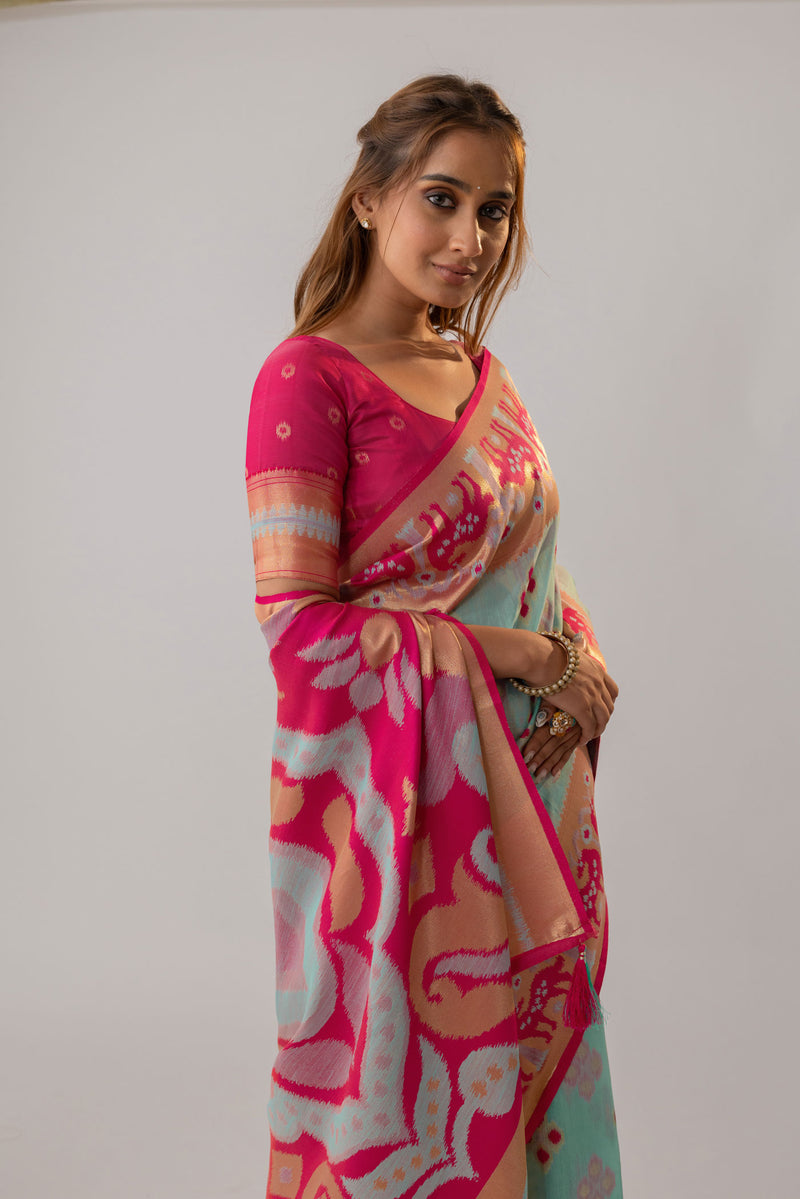 Patola Linen Blue Saree