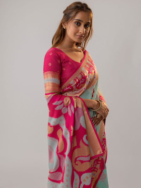 Patola Linen Blue Saree