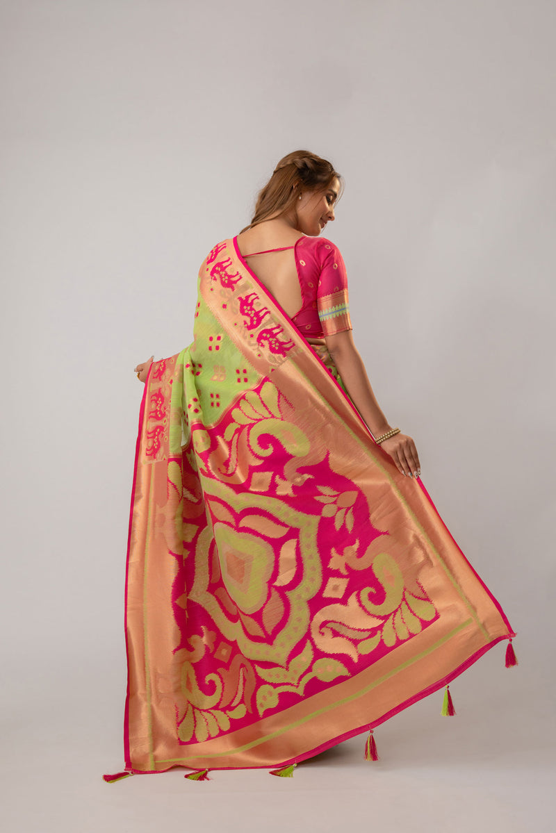 Patola Linen Green Saree
