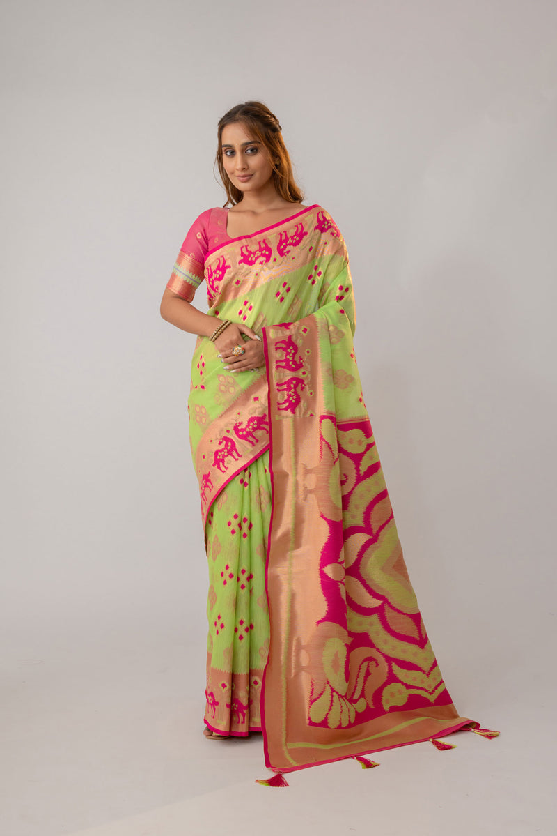 Patola Linen Green Saree