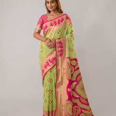 Patola Linen Green Saree