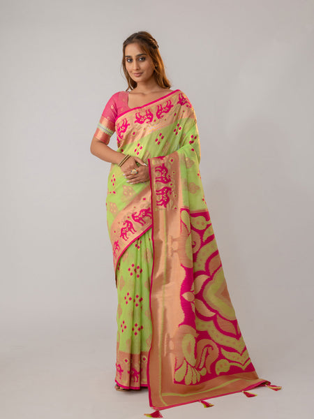 Patola Linen Green Saree