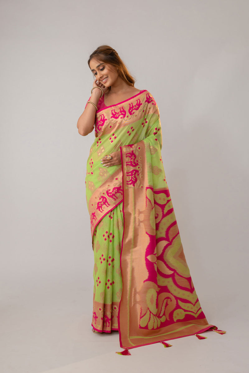 Patola Linen Green Saree