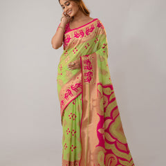 Patola Linen Green Saree