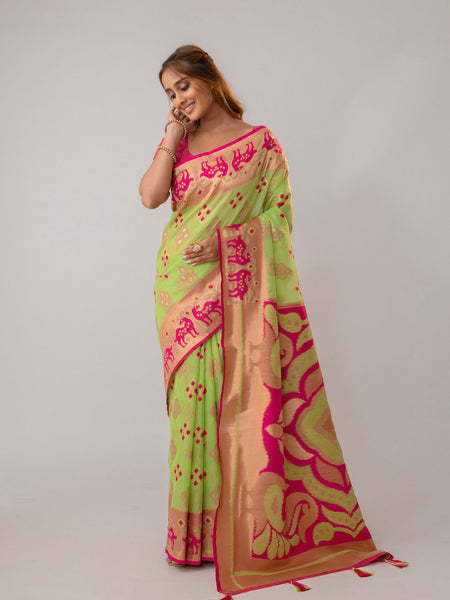Patola Linen Green Saree