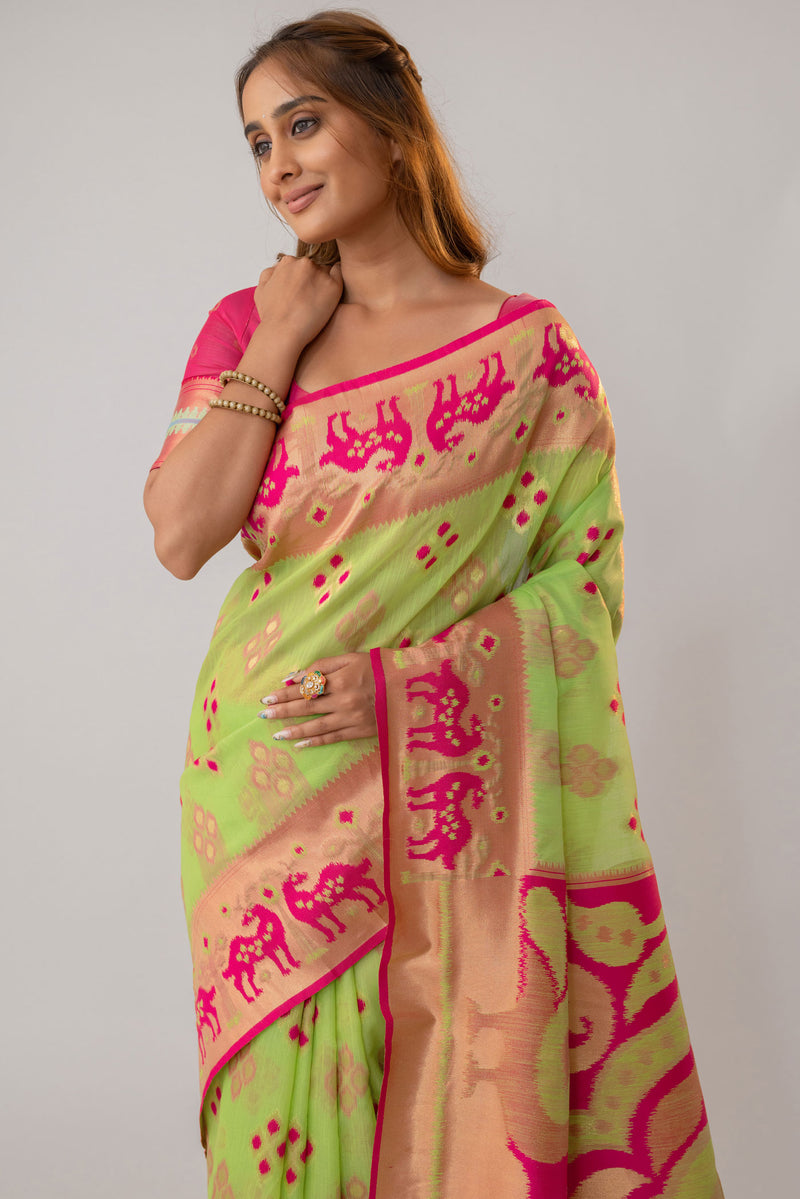 Patola Linen Green Saree