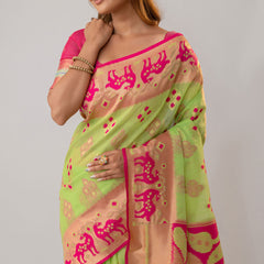 Patola Linen Green Saree