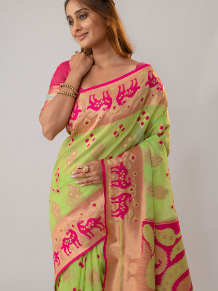 Patola Linen Green Saree