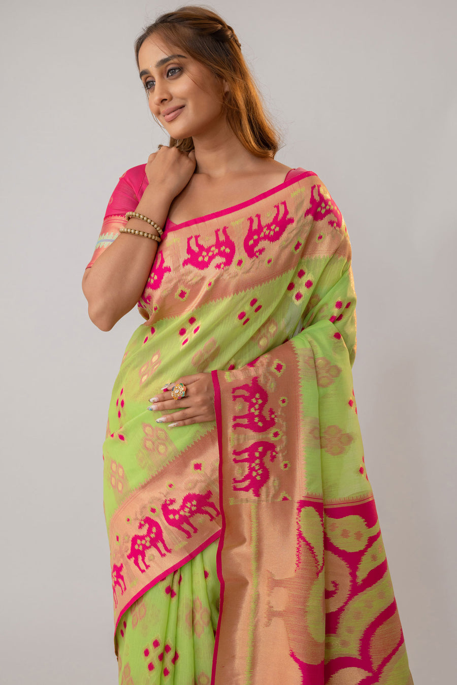 Patola Linen Green Saree