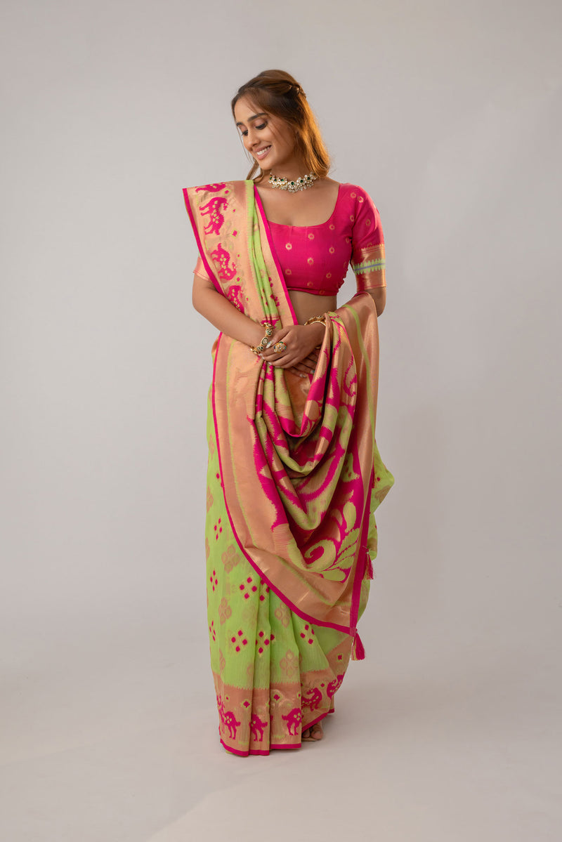 Patola Linen Green Saree