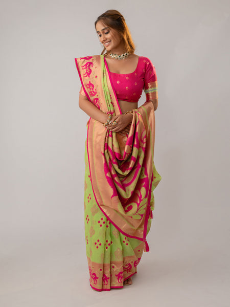 Patola Linen Green Saree