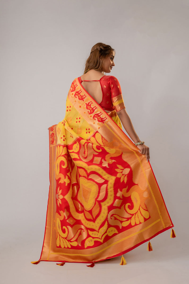 Patola Linen Yellow Saree