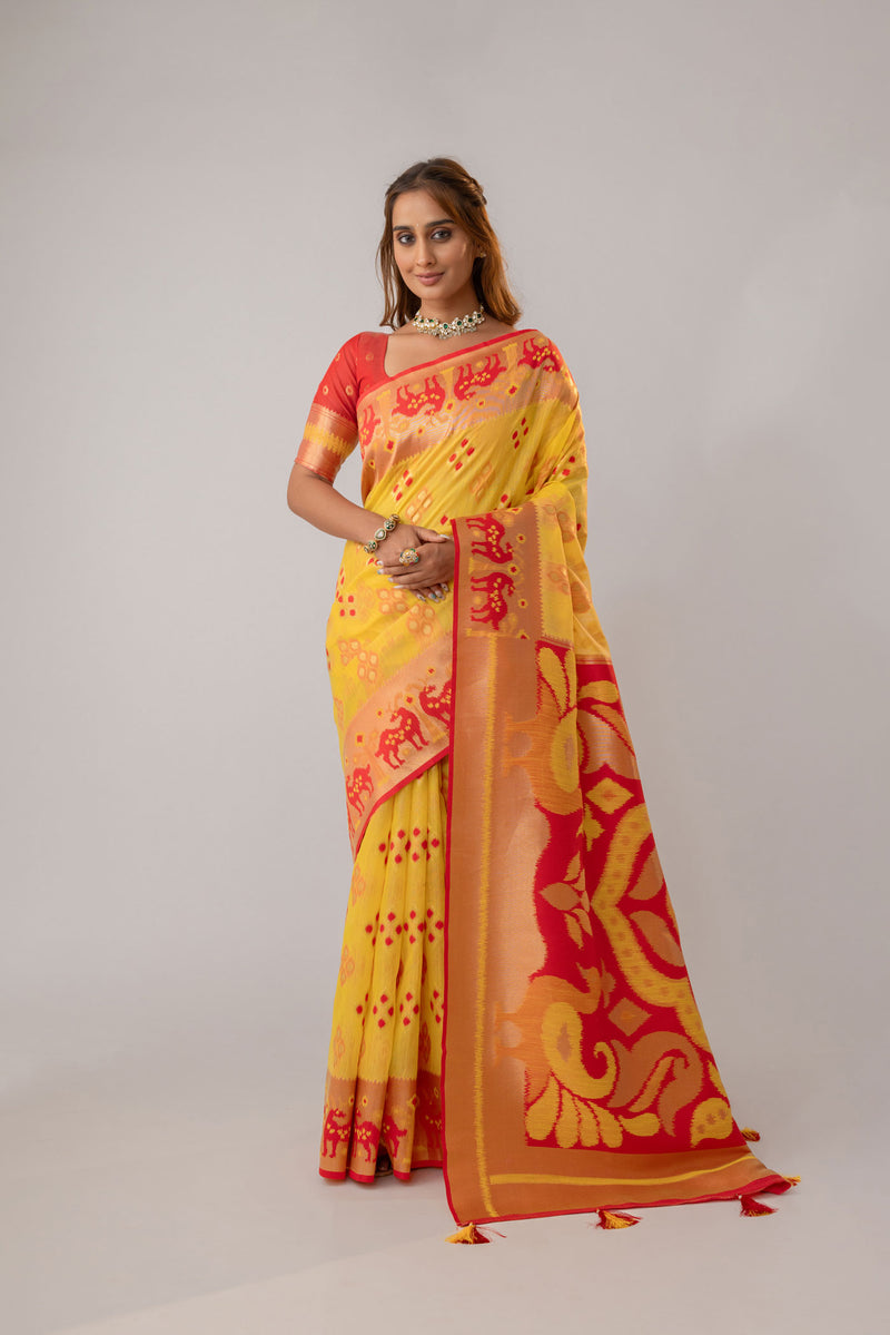 Patola Linen Yellow Saree