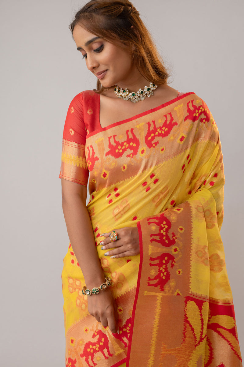 Patola Linen Yellow Saree