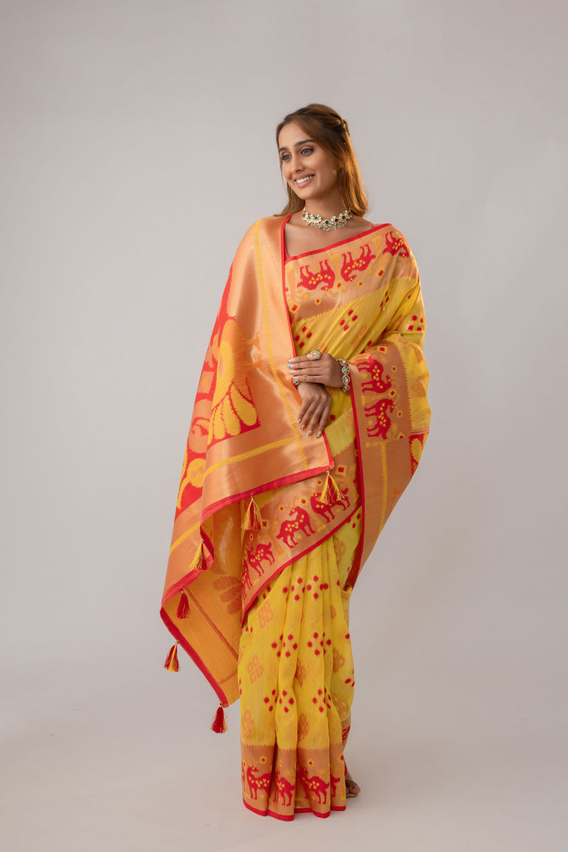 Patola Linen Yellow Saree