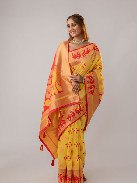 Patola Linen Yellow Saree