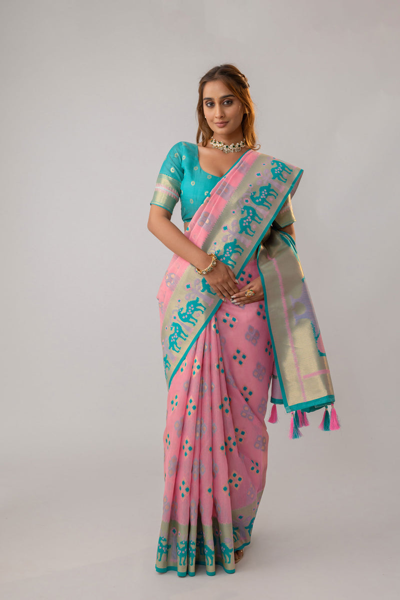 Patola Linen Pink Saree