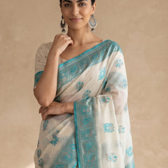 Monalisa Linen Cream Teal Saree