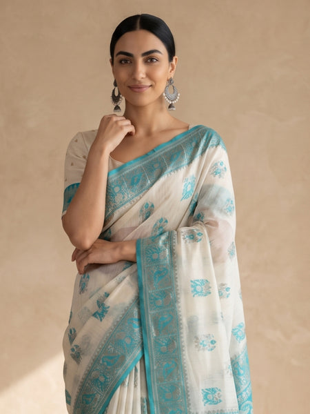 Monalisa Linen Cream Teal Saree