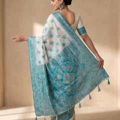 Monalisa Linen Cream Teal Saree