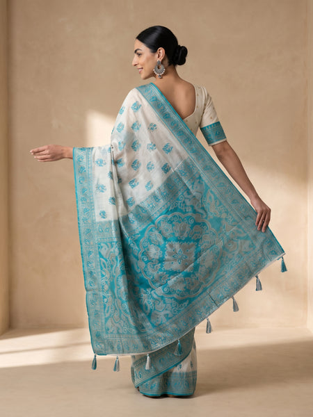 Monalisa Linen Cream Teal Saree