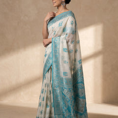 Monalisa Linen Cream Teal Saree