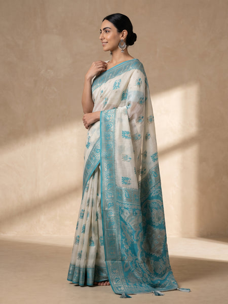 Monalisa Linen Cream Teal Saree