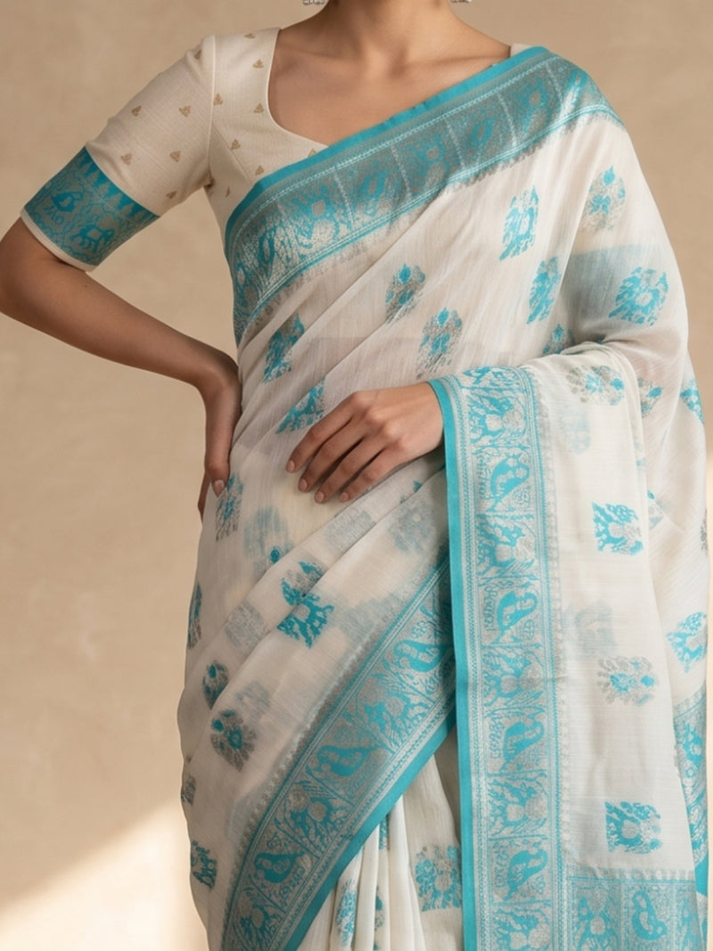Monalisa Linen Cream Teal Saree
