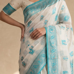 Monalisa Linen Cream Teal Saree