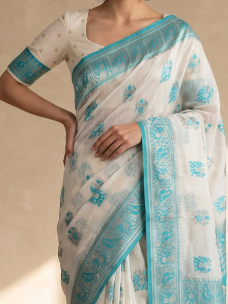 Monalisa Linen Cream Teal Saree