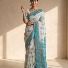 Monalisa Linen Cream Teal Saree