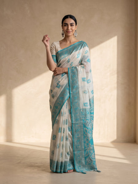 Monalisa Linen Cream Teal Saree
