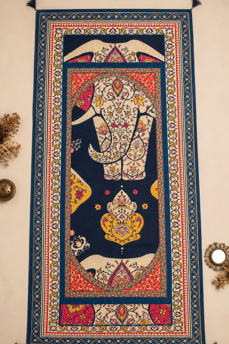 Navy Blue Floral Printed Raw Silk Dupatta