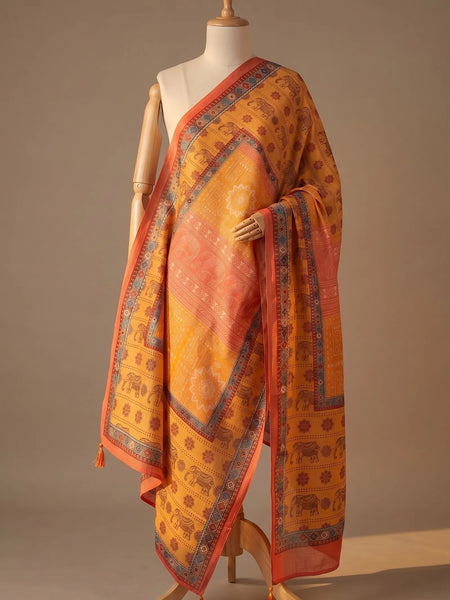Kesari Printed Raw Silk Dupatta
