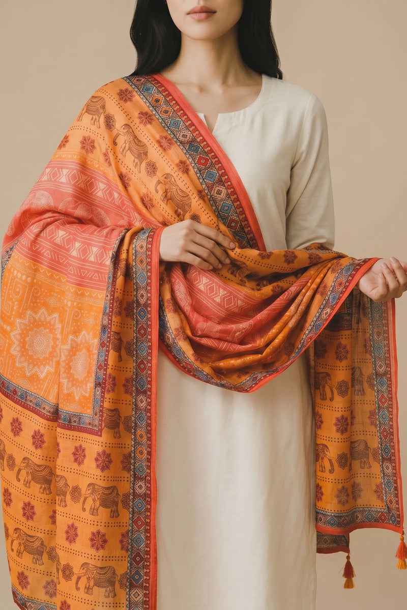Kesari Printed Raw Silk Dupatta