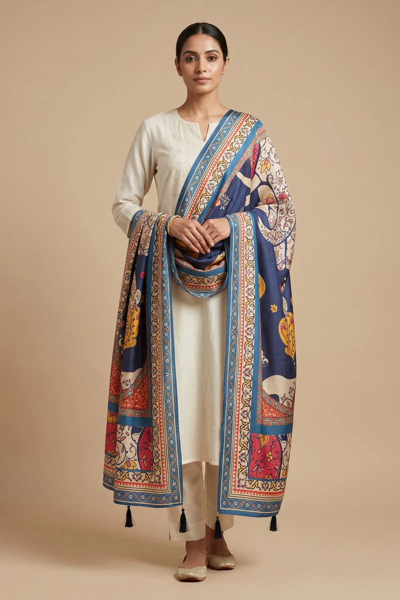 Navy Blue Floral Printed Raw Silk Dupatta