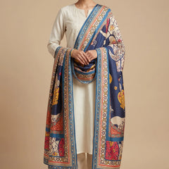 Navy Blue Floral Printed Raw Silk Dupatta