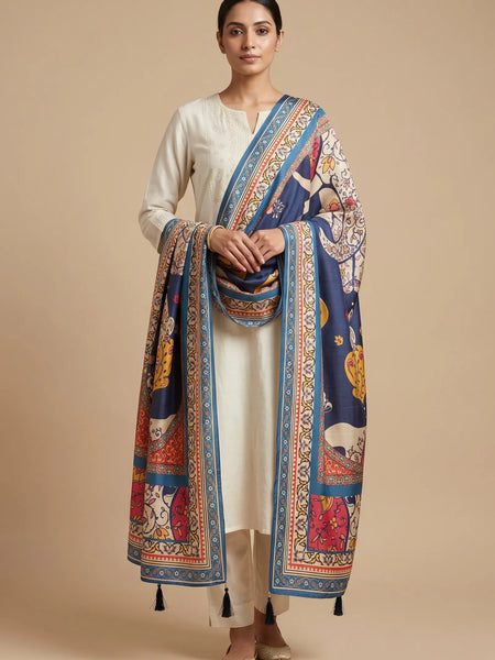 Navy Blue Floral Printed Raw Silk Dupatta