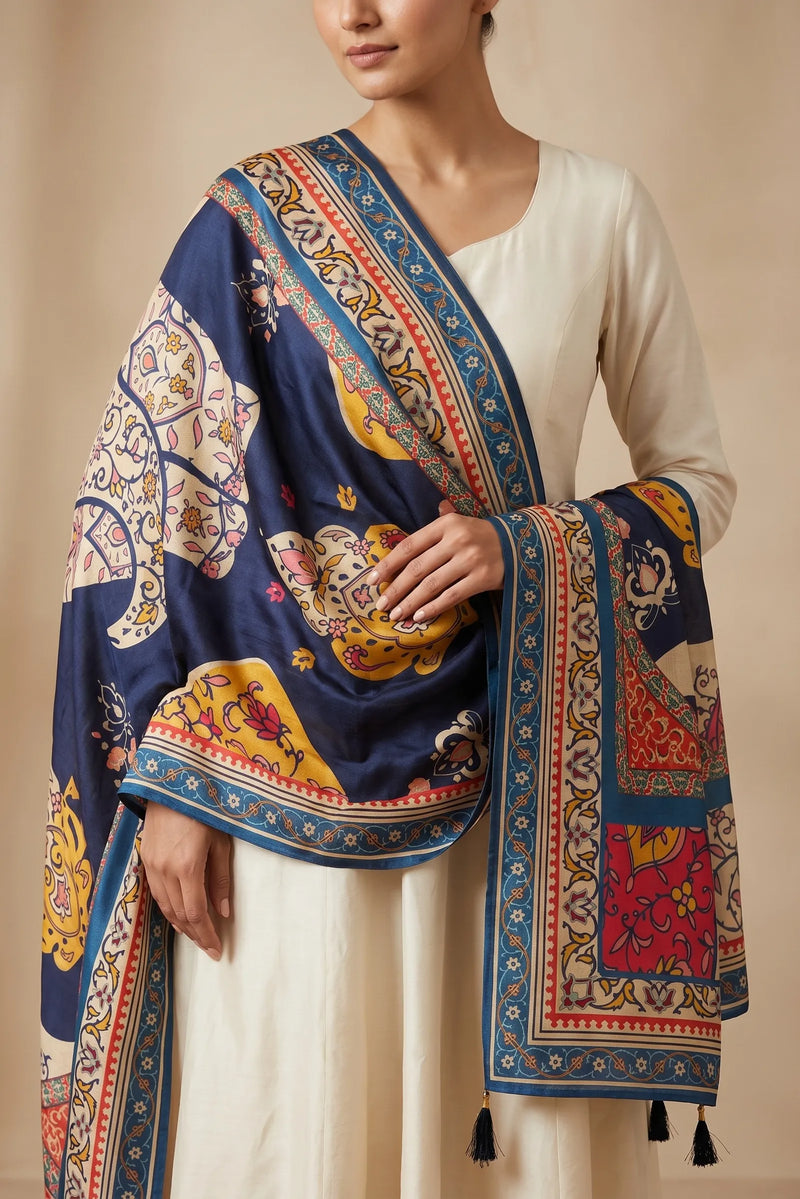 Navy Blue Floral Printed Raw Silk Dupatta