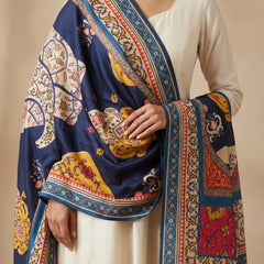 Navy Blue Floral Printed Raw Silk Dupatta