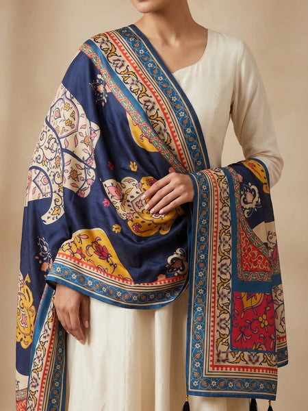 Navy Blue Floral Printed Raw Silk Dupatta