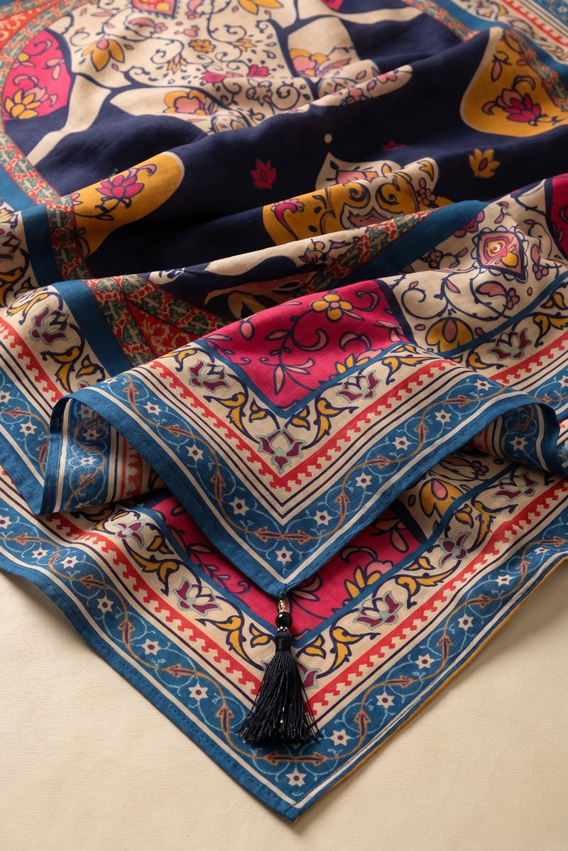 Navy Blue Floral Printed Raw Silk Dupatta