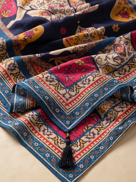 Navy Blue Floral Printed Raw Silk Dupatta