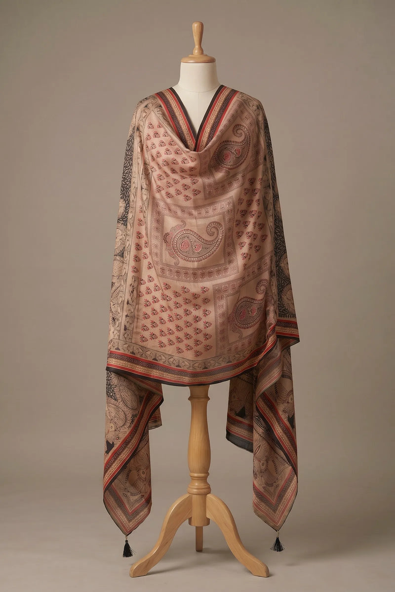 Beige Printed Raw Silk Dupatta
